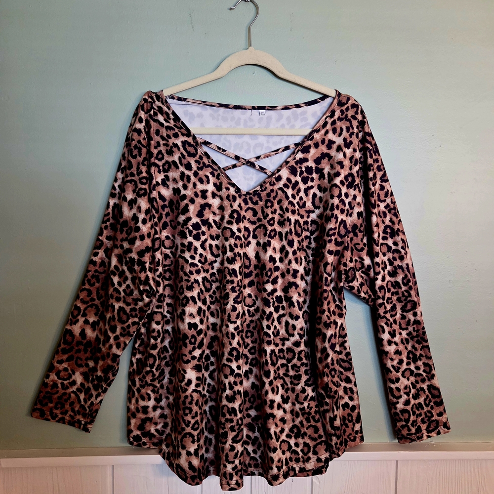 Women's Leopard Print V-Neck Long Sleeve Top with Strappy Detail - Brown/Black